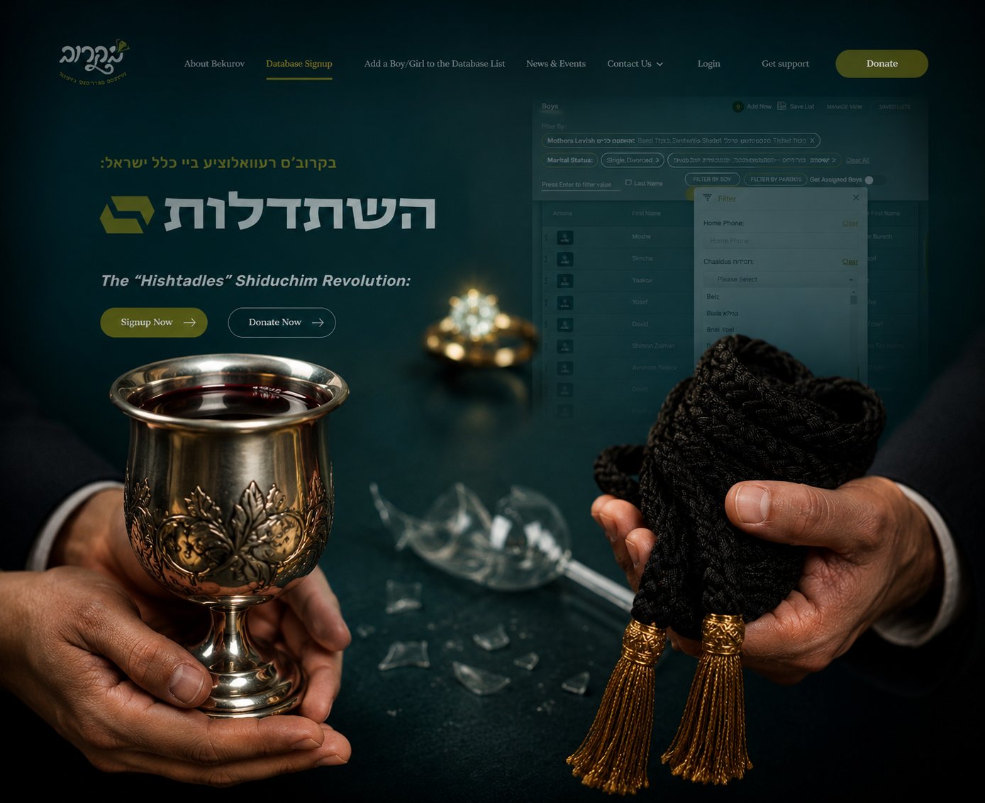 The Hishtadles Shiduchim Revolution — a kiddush cup and gartel held up with a diamond ring sparkling in the background